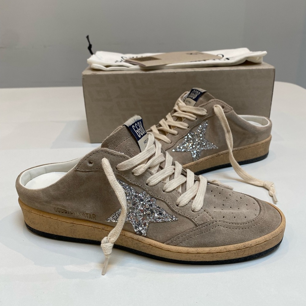 Golden Goose Ball Star Sabot Sneaker Taupe Suede/Silver Glitter sz 37 New in Box - Picture 8 of 11